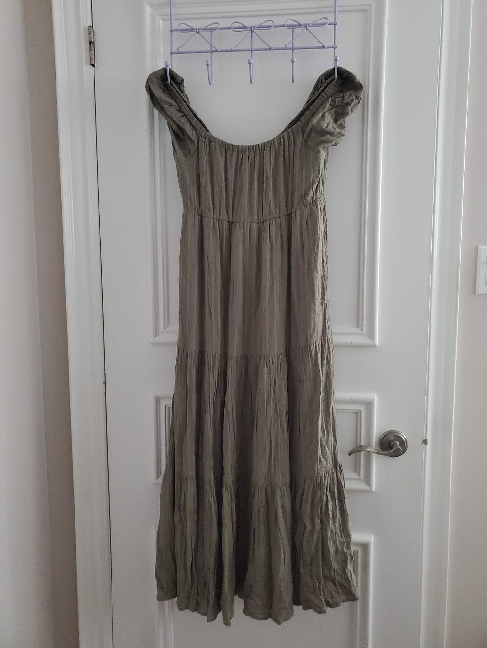 AMERICAN EAGLE Olive Green Tiered Pleated Off The Shoulder Maxi Dress